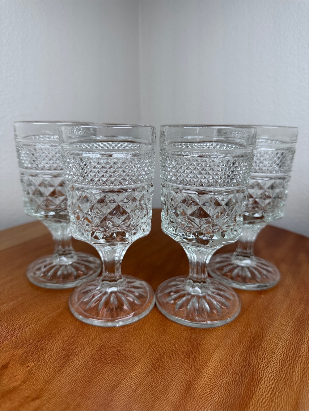 Vintage Anchor Hocking Wexford Clear Goblets Diamond Pattern 5.5” Four Glasses